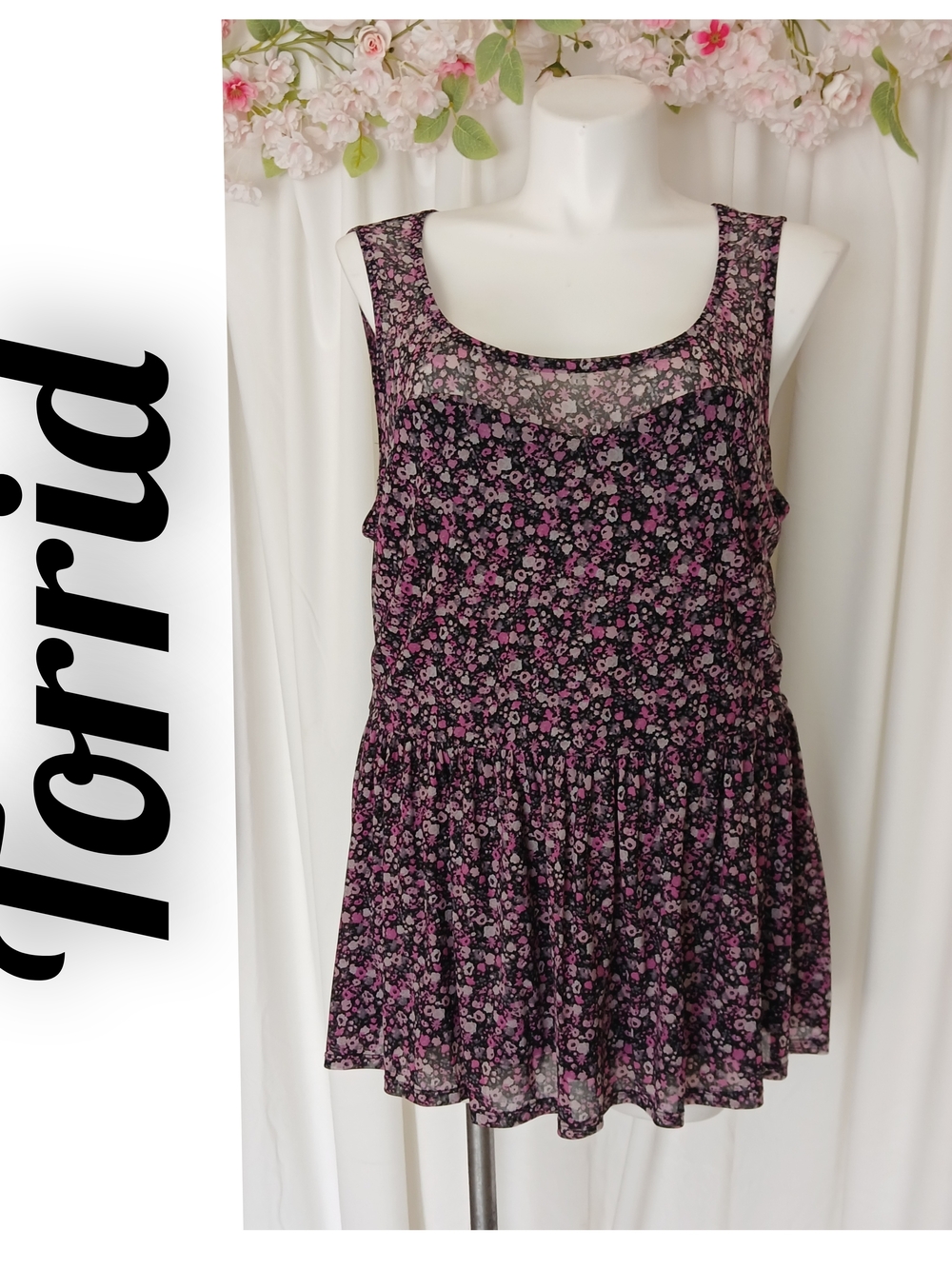 torrid Black with Pink Floral Sleeveless Peplum Camisole